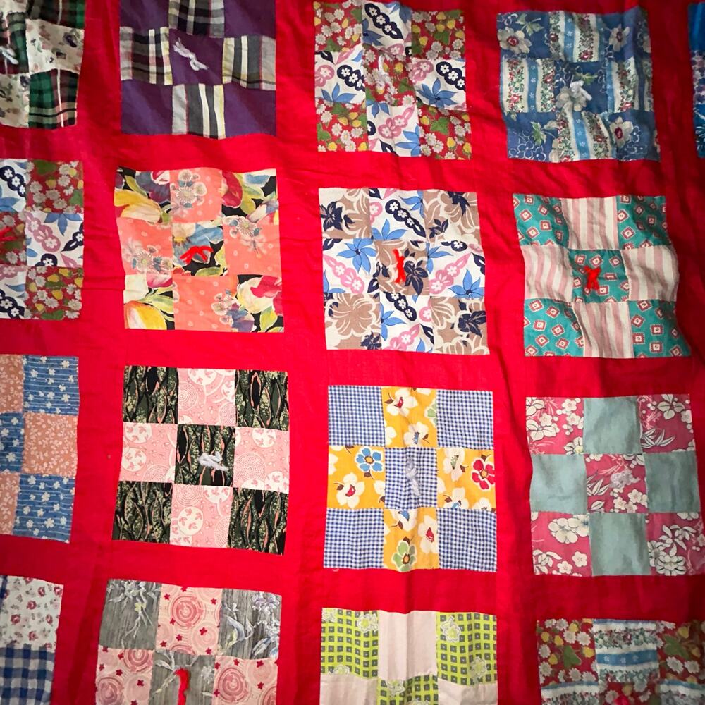 Vibrant Vintage Red Nine Patch Quilt Handcrafted Americana 65x75” - Picture 9 of 11